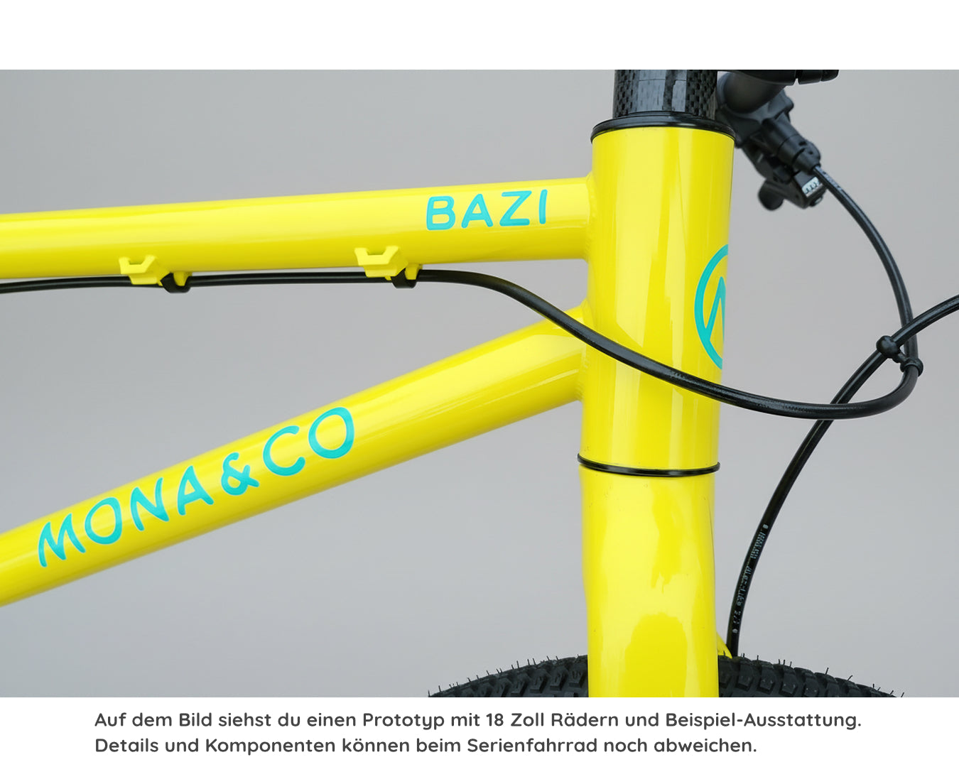 Gelber BAZI 1 Rahmen mit MONA&CO Logo, Detailansicht