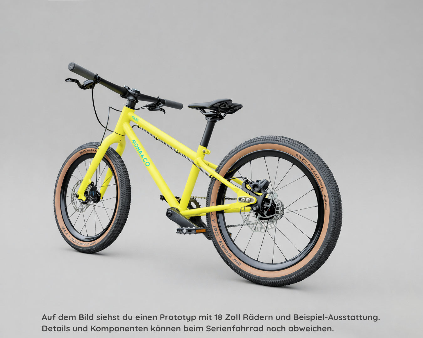 BAZI 1 Kinder-Mountainbike, 18 Zoll, gelber Rahmen, schräge Ansicht