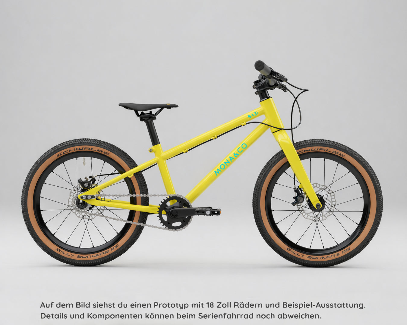 BAZI 1 Kinder-Mountainbike, 18 Zoll, gelber Rahmen, Seitenansicht
