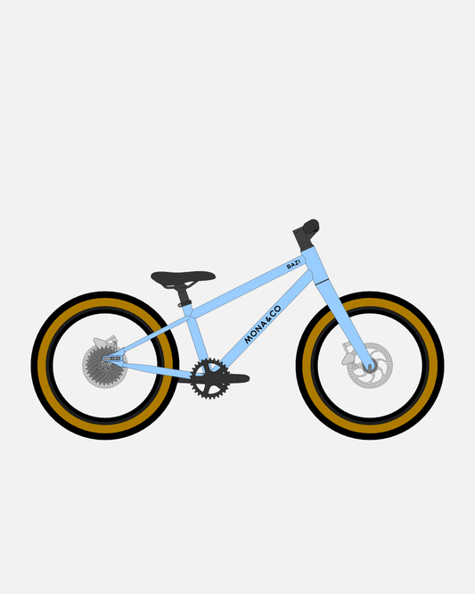 BAZI 1 Kinder-Mountainbike, 18 Zoll, Rahmen blau, Reifen Schwalbe Billy Bonkers schwarz-bronze, Illustration