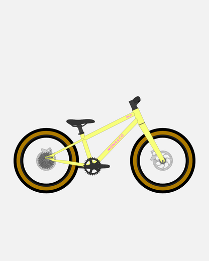 BAZI 1 Kinder-Mountainbike, 18 Zoll, Rahmen gelb, Reifen Schwalbe Billy Bonkers schwarz-bronze, Illustration