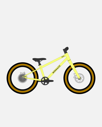 BAZI 1 Kinder-Mountainbike, 18 Zoll, Rahmen gelb, Reifen Schwalbe Billy Bonkers schwarz-bronze, Illustration