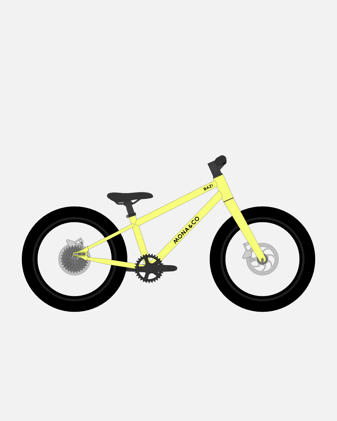 BAZI 1 Kinder-Mountainbike, 18 Zoll, Rahmen gelb, Reifen Schwalbe Smart Sam schwarz, Illustration