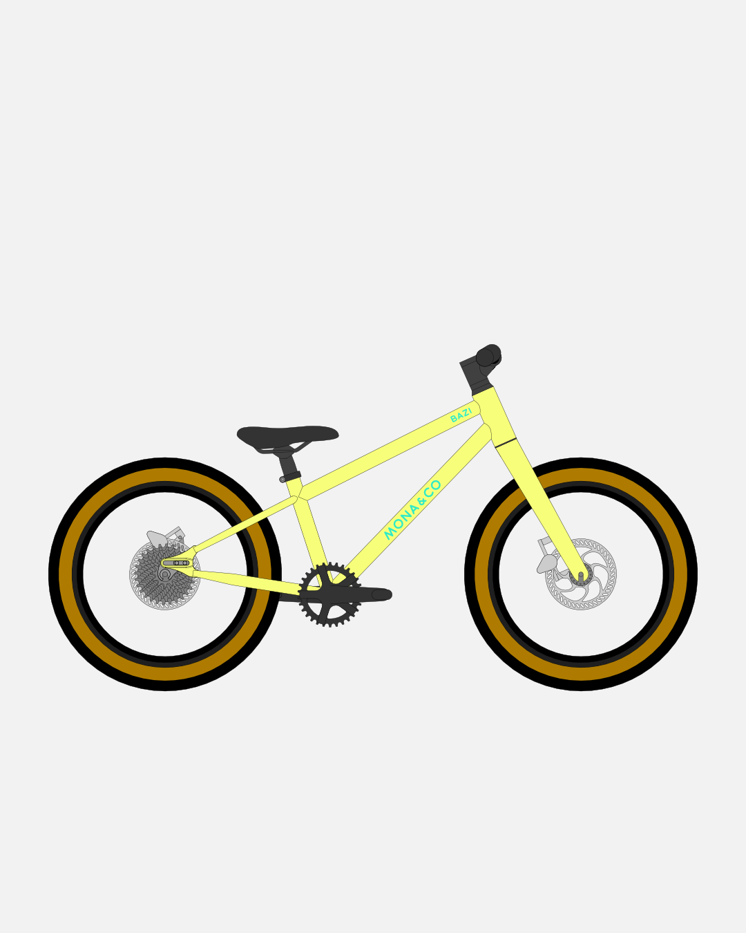 BAZI 1 Kinder-Mountainbike, 18 Zoll, Rahmen gelb, Reifen Schwalbe Billy Bonkers schwarz-bronze, Illustration