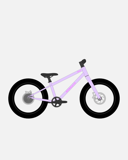 BAZI 1 Kinder-Mountainbike, 18 Zoll, Rahmen lila, Reifen Schwalbe Smart Sam schwarz, Illustration