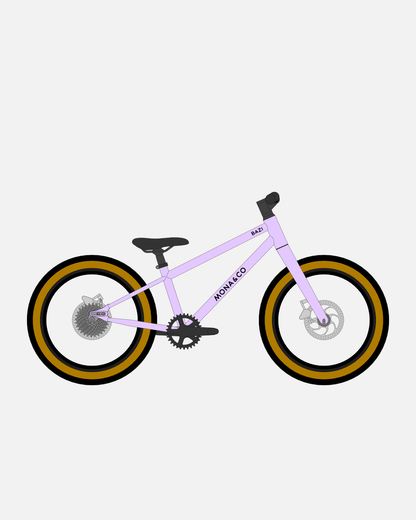 BAZI 1 Kinder-Mountainbike, 18 Zoll, Rahmen lila, Reifen Schwalbe Billy Bonkers schwarz-bronze, Illustration