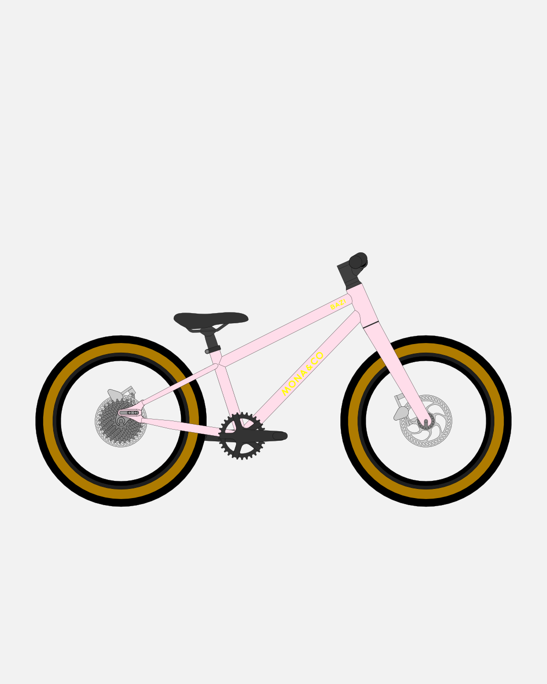 BAZI 1 Kinder-Mountainbike, 18 Zoll, Rahmen rosa, Reifen Schwalbe Billy Bonkers schwarz-bronze, Illustration