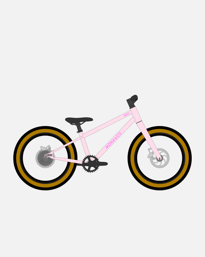 BAZI 1 Kinder-Mountainbike, 18 Zoll, Rahmen rosa, Reifen Schwalbe Billy Bonkers schwarz-bronze, Illustration