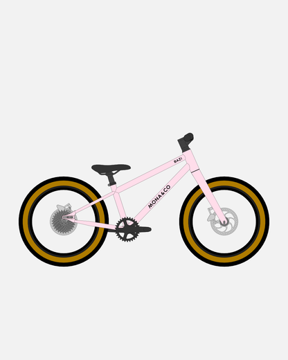 BAZI 1 Kinder-Mountainbike, 18 Zoll, Rahmen rosa, Reifen Schwalbe Billy Bonkers schwarz-bronze, Illustration