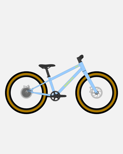 BAZI 1 Kinder-Mountainbike, 20 Zoll, Rahmen blau, Reifen Schwalbe Billy Bonkers schwarz-bronze, Illustration