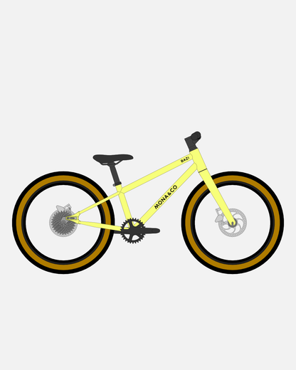 BAZI 1 Kinder-Mountainbike, 20 Zoll, Rahmen gelb, Reifen Schwalbe Billy Bonkers schwarz-bronze, Illustration