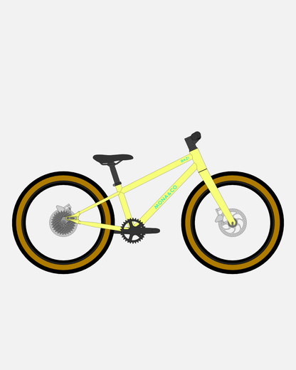 BAZI 1 Kinder-Mountainbike, 20 Zoll, Rahmen gelb, Reifen Schwalbe Billy Bonkers schwarz-bronze, Illustration