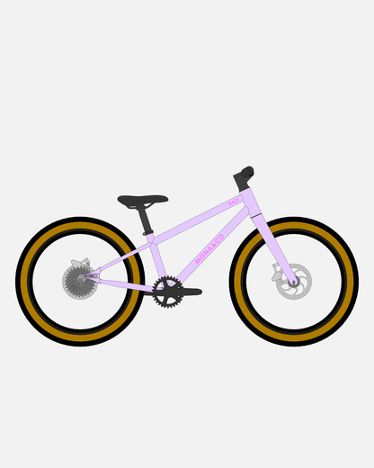 BAZI 1 Kinder-Mountainbike, 20 Zoll, Rahmen lila, Reifen Schwalbe Billy Bonkers schwarz-bronze, Illustration