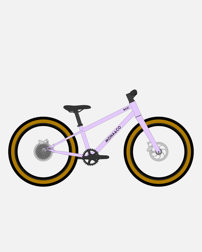 BAZI 1 Kinder-Mountainbike, 20 Zoll, Rahmen lila, Reifen Schwalbe Billy Bonkers schwarz-bronze, Illustration