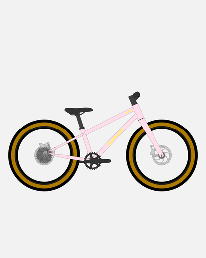 BAZI 1 Kinder-Mountainbike, 20 Zoll, Rahmen rosa, Reifen Schwalbe Billy Bonkers schwarz-bronze, Illustration