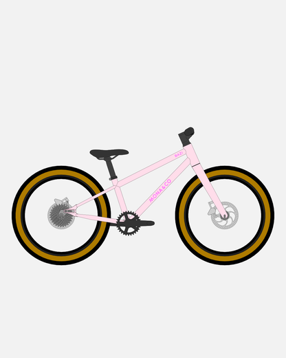 BAZI 1 Kinder-Mountainbike, 20 Zoll, Rahmen rosa, Reifen Schwalbe Billy Bonkers schwarz-bronze, Illustration