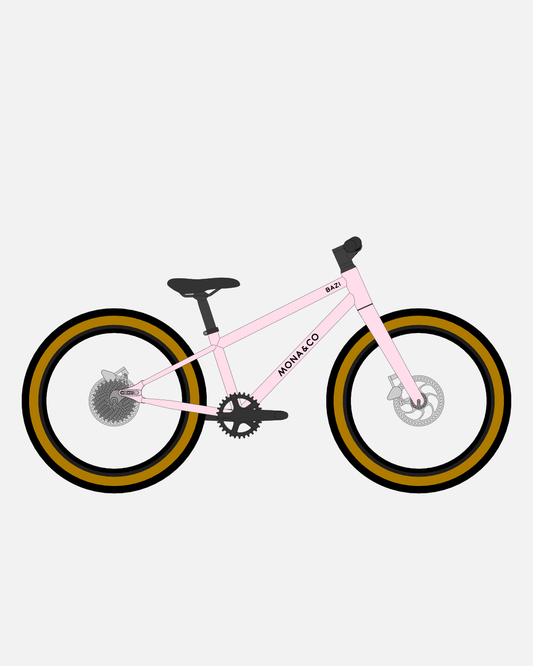 BAZI 1 Kinder-Mountainbike, 20 Zoll, Rahmen rosa, Reifen Schwalbe Billy Bonkers schwarz-bronze, Illustration