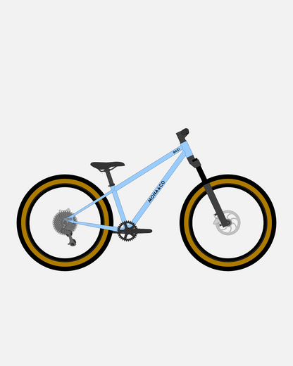 BAZI 2 Kinder-Mountainbike, 24 Zoll, Rahmen blau, Reifen Schwalbe Billy Bonkers schwarz-bronze, Illustration