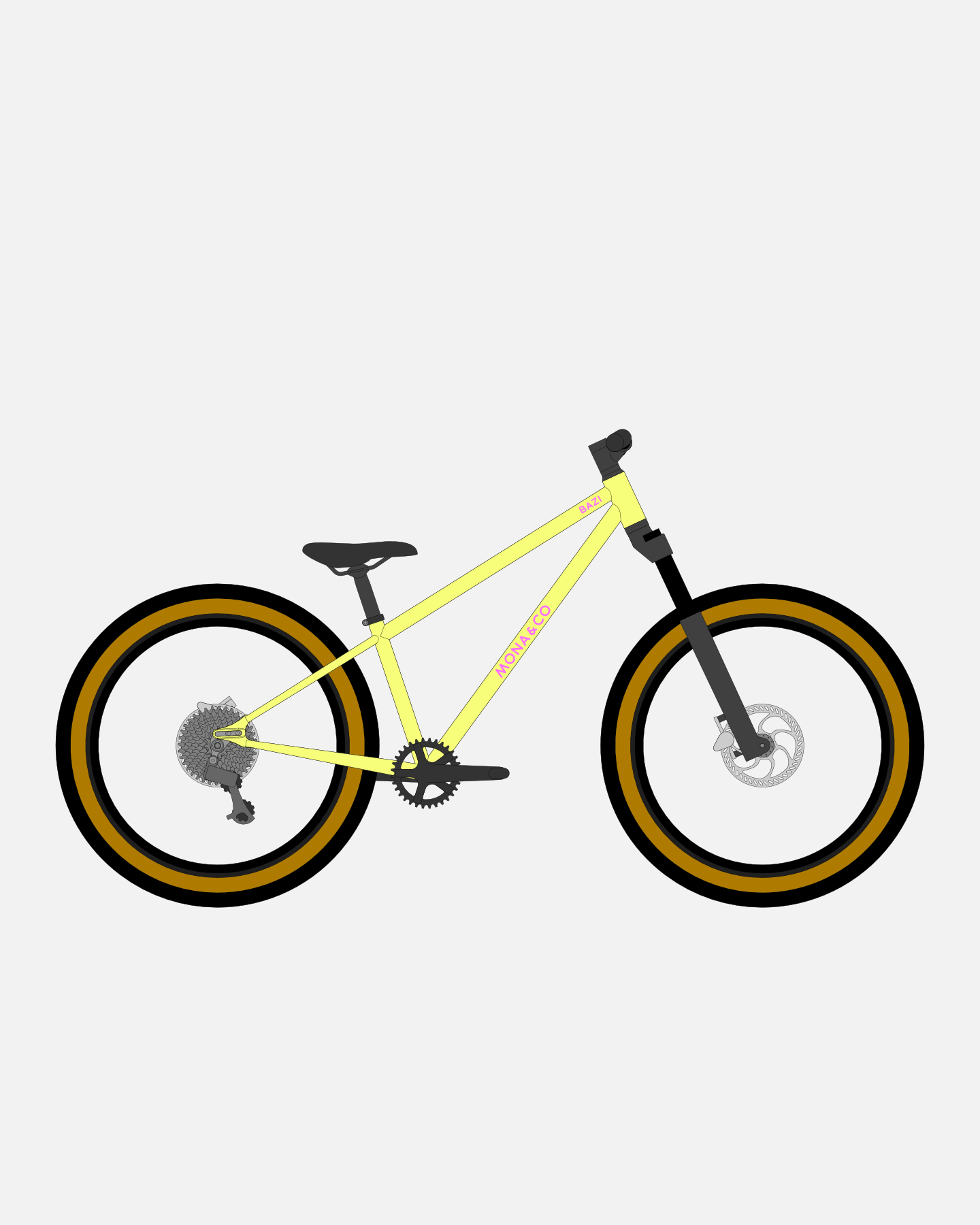 BAZI 2 Kinder-Mountainbike, 24 Zoll, Rahmen gelb, Reifen Schwalbe Billy Bonkers schwarz-bronze, Illustration