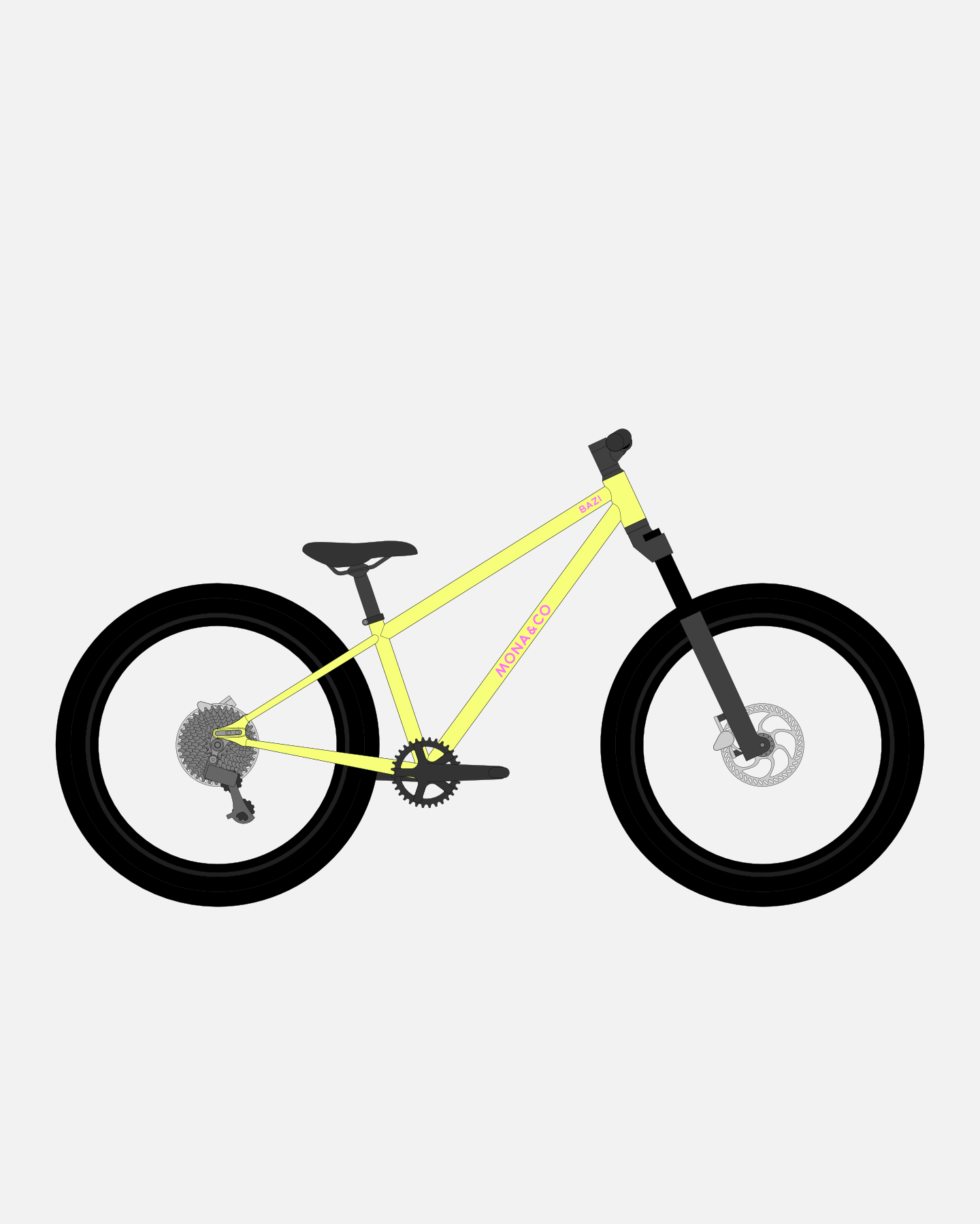 BAZI 2 Kinder-Mountainbike, 24 Zoll, Rahmen gelb, Reifen Schwalbe Rocket Ron schwarz, Illustration