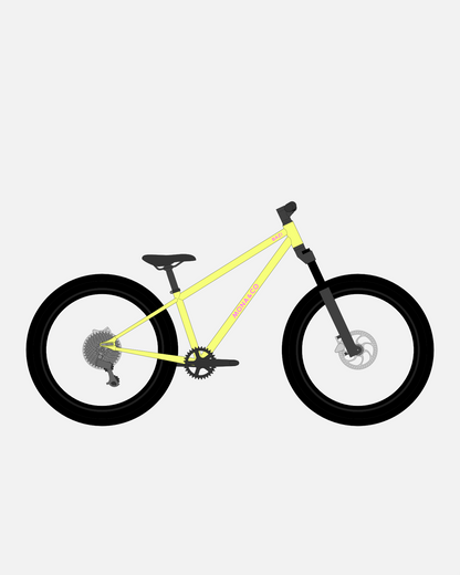 BAZI 2 Kinder-Mountainbike, 24 Zoll, Rahmen gelb, Reifen Schwalbe Rocket Ron schwarz, Illustration