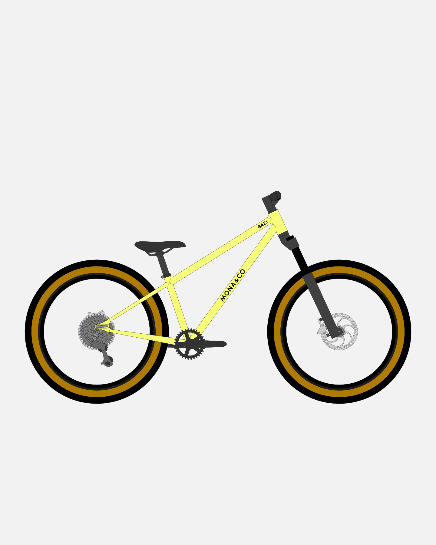 BAZI 2 Kinder-Mountainbike, 24 Zoll, Rahmen gelb, Reifen Schwalbe Billy Bonkers schwarz-bronze, Illustration