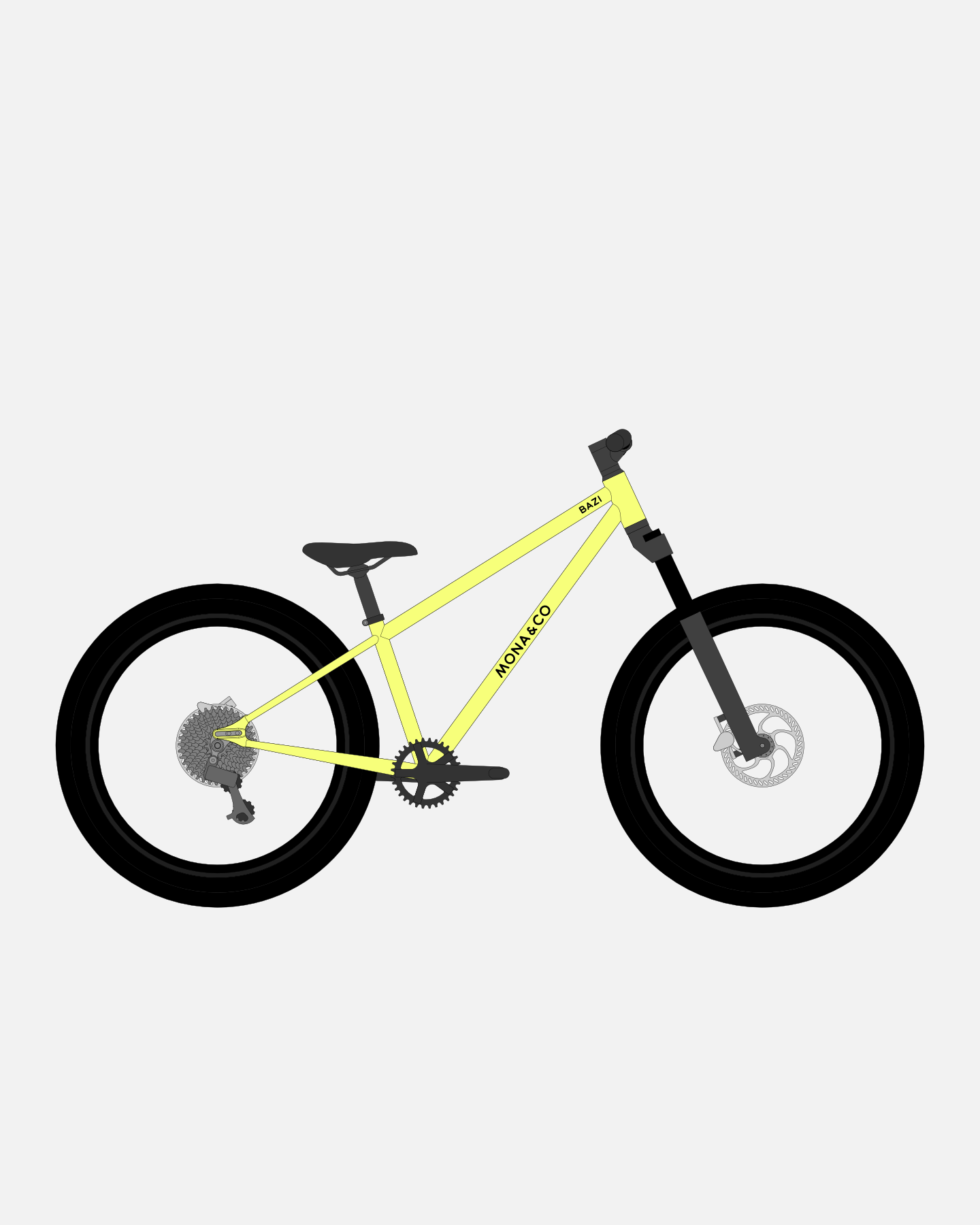 BAZI 2 Kinder-Mountainbike, 24 Zoll, Rahmen gelb, Reifen Schwalbe Rocket Ron schwarz, Illustration