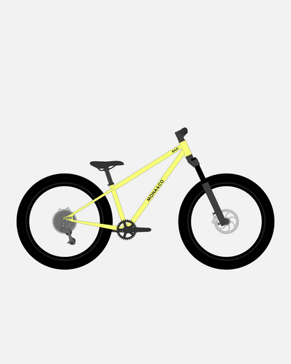 BAZI 2 Kinder-Mountainbike, 24 Zoll, Rahmen gelb, Reifen Schwalbe Rocket Ron schwarz, Illustration