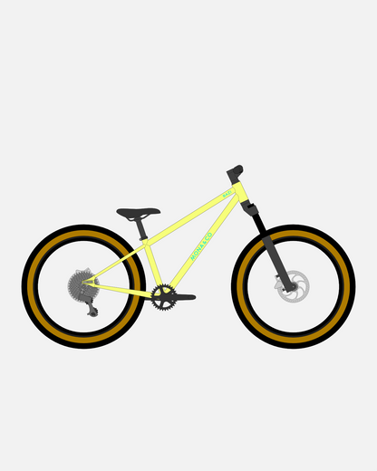 BAZI 2 Kinder-Mountainbike, 24 Zoll, Rahmen gelb, Reifen Schwalbe Billy Bonkers schwarz-bronze, Illustration