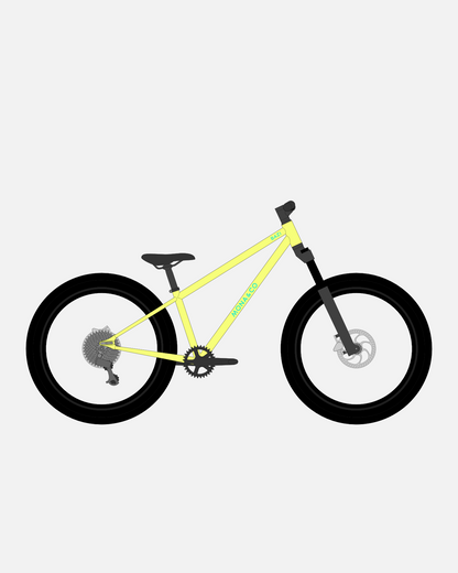 BAZI 2 Kinder-Mountainbike, 24 Zoll, Rahmen gelb, Reifen Schwalbe Rocket Ron schwarz, Illustration