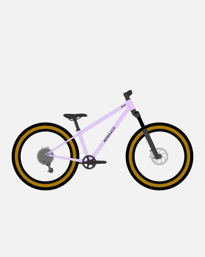 BAZI 2 Kinder-Mountainbike, 24 Zoll, Rahmen lila, Reifen Schwalbe Billy Bonkers schwarz-bronze, Illustration