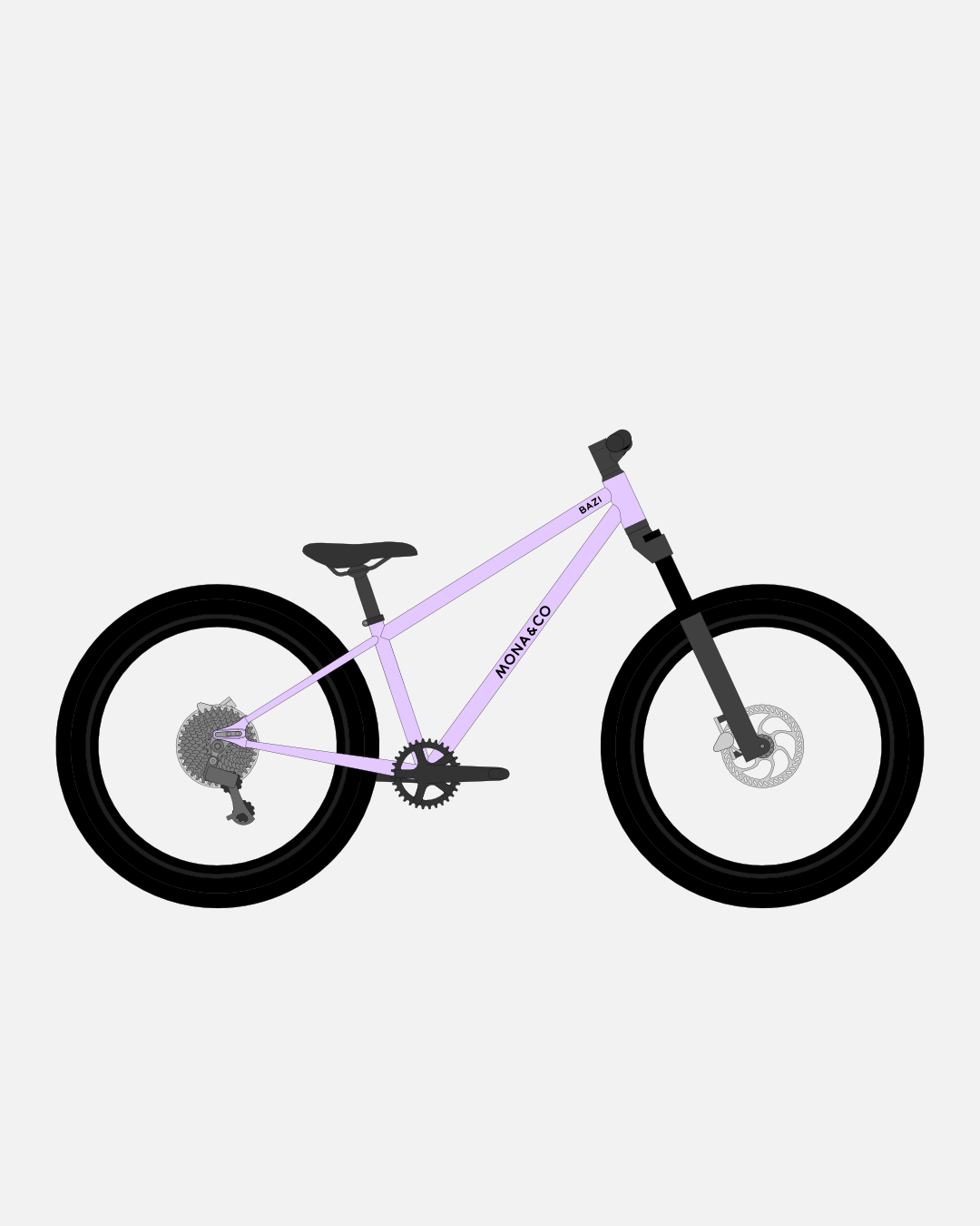 BAZI 2 Kinder-Mountainbike, 24 Zoll, Rahmen lila, Reifen Schwalbe Rocket Ron schwarz, Illustration