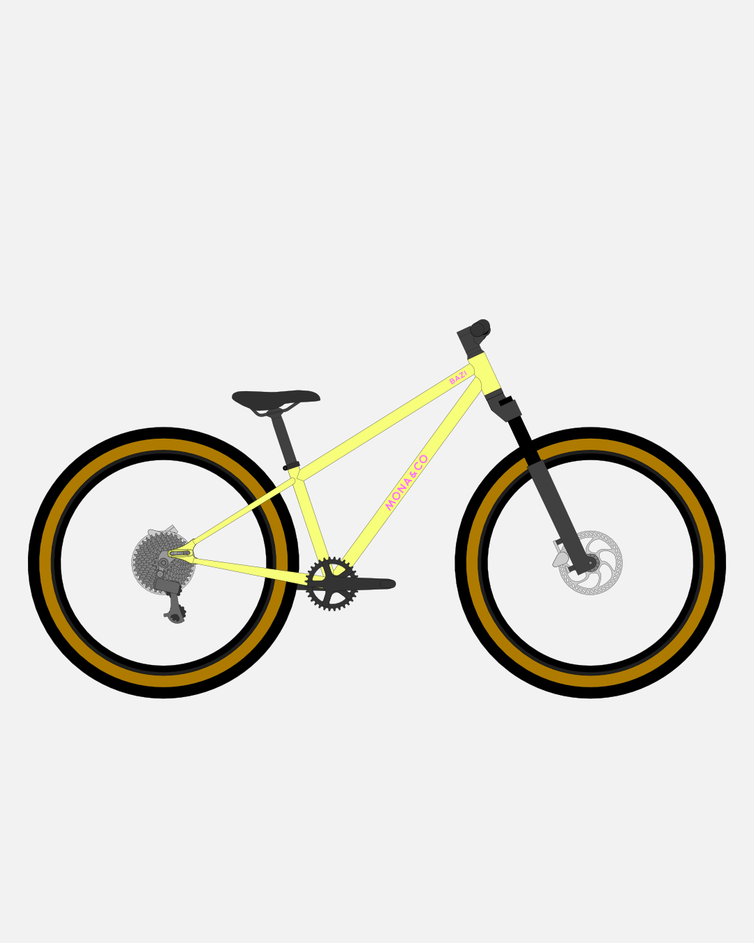 BAZI 2 Kinder-Mountainbike, 26 Zoll, Rahmen gelb, Reifen Schwalbe Billy Bonkers schwarz-bronze, Illustration