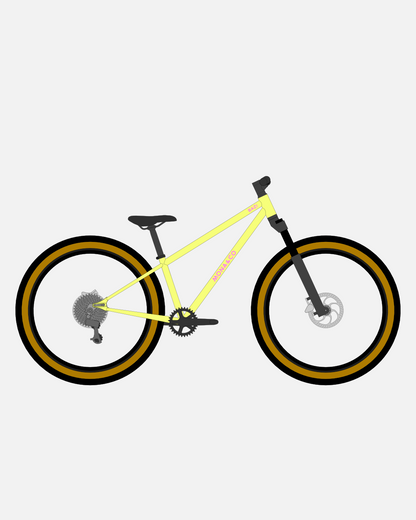 BAZI 2 Kinder-Mountainbike, 26 Zoll, Rahmen gelb, Reifen Schwalbe Billy Bonkers schwarz-bronze, Illustration