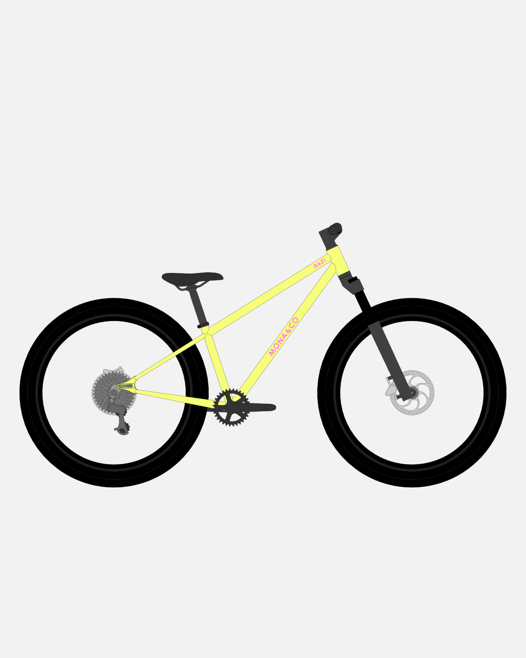 BAZI 2 Kinder-Mountainbike, 26 Zoll, Rahmen gelb, Reifen Schwalbe Rocket Ron schwarz, Illustration