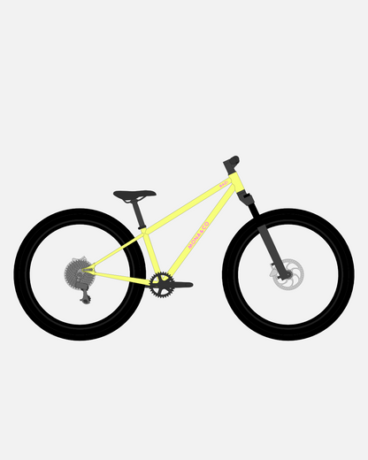 BAZI 2 Kinder-Mountainbike, 26 Zoll, Rahmen gelb, Reifen Schwalbe Rocket Ron schwarz, Illustration