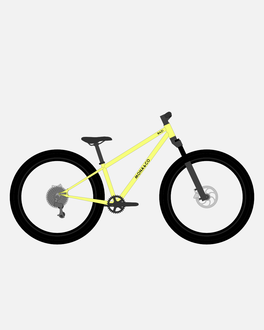 BAZI 2 Kinder-Mountainbike, 26 Zoll, Rahmen gelb, Reifen Schwalbe Rocket Ron schwarz, Illustration