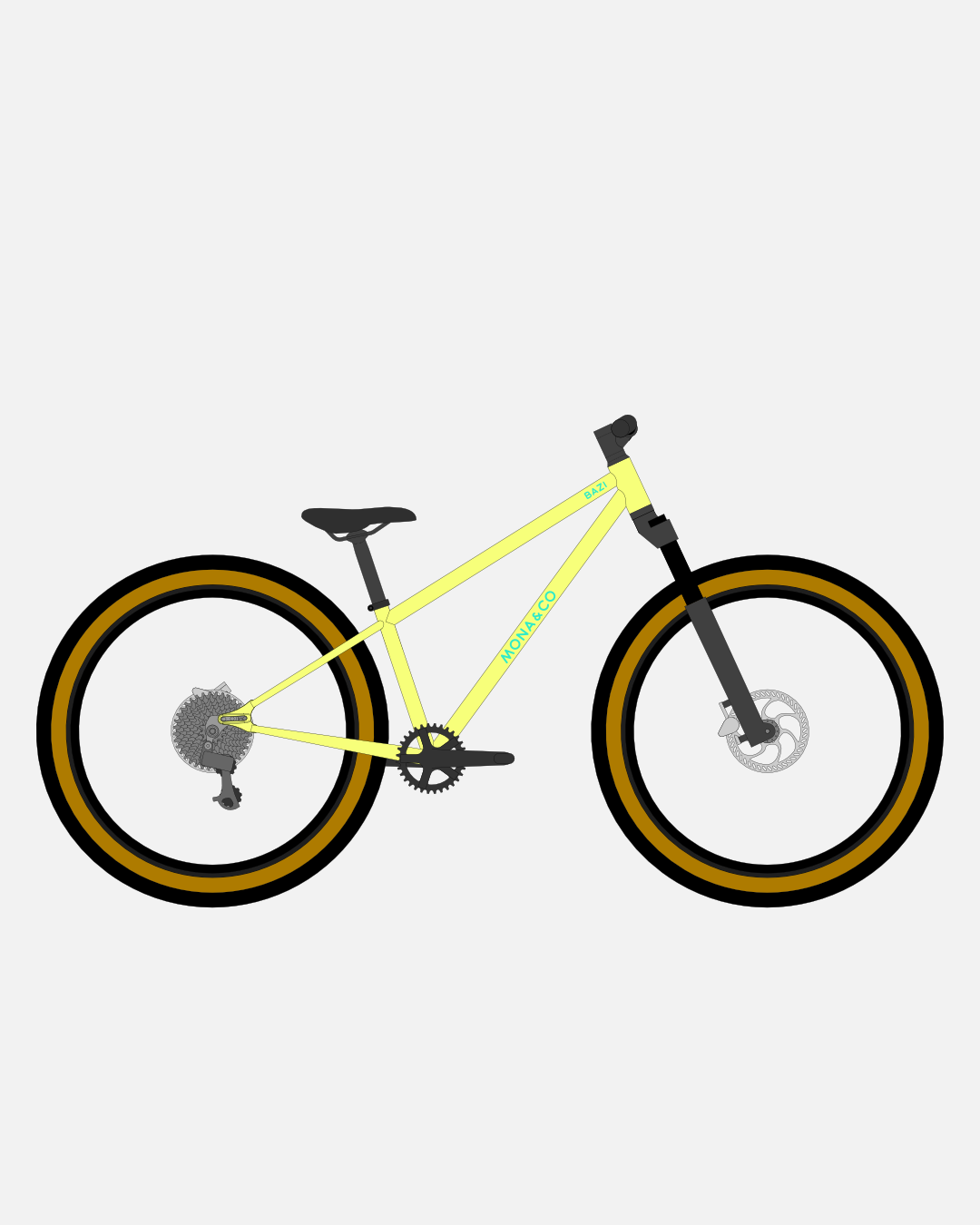 BAZI 2 Kinder-Mountainbike, 26 Zoll, Rahmen gelb, Reifen Schwalbe Billy Bonkers schwarz-bronze, Illustration