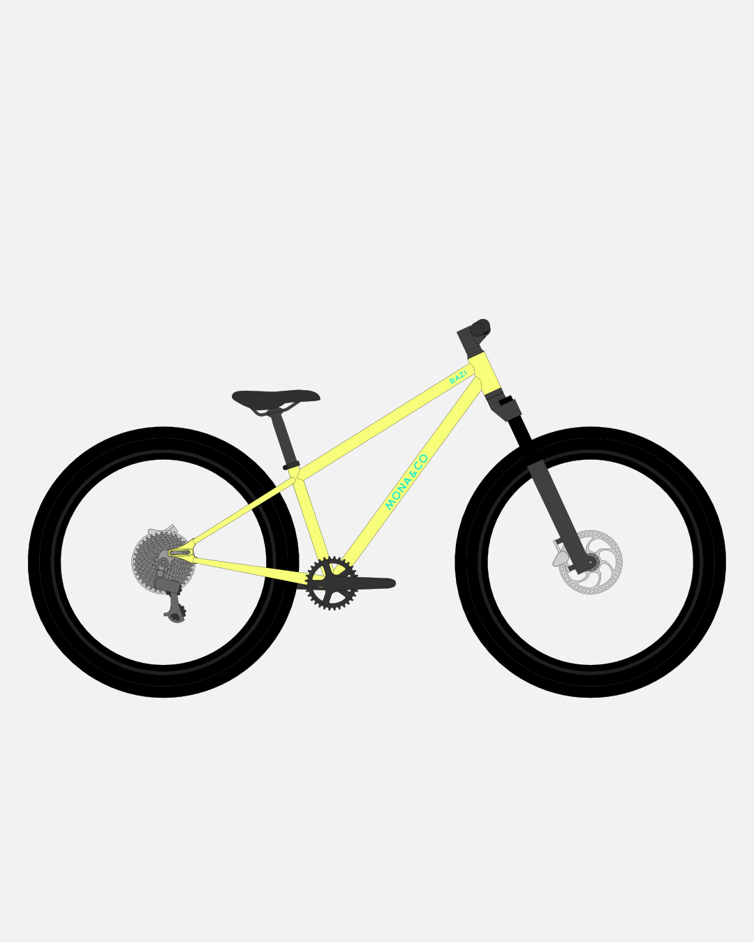 BAZI 2 Kinder-Mountainbike, 26 Zoll, Rahmen gelb, Reifen Schwalbe Rocket Ron schwarz, Illustration