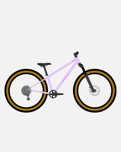 BAZI 2 Kinder-Mountainbike, 26 Zoll, Rahmen lila, Reifen Schwalbe Billy Bonkers schwarz-bronze, Illustration